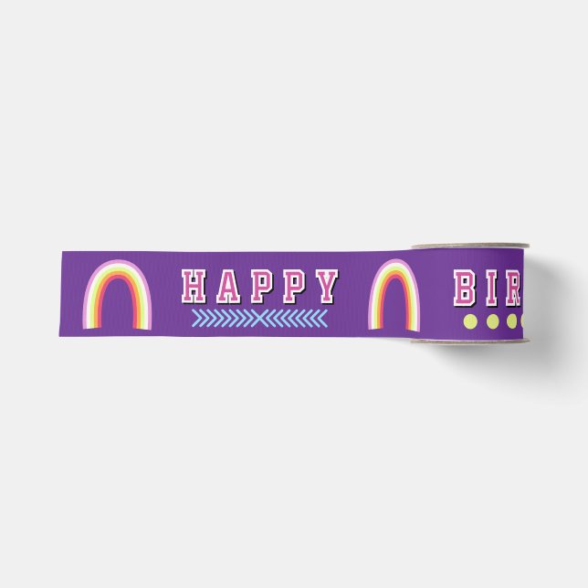 Ruban Gros-grain Arc-en-ciel Joyeux Anniversaire Violet (Devant)