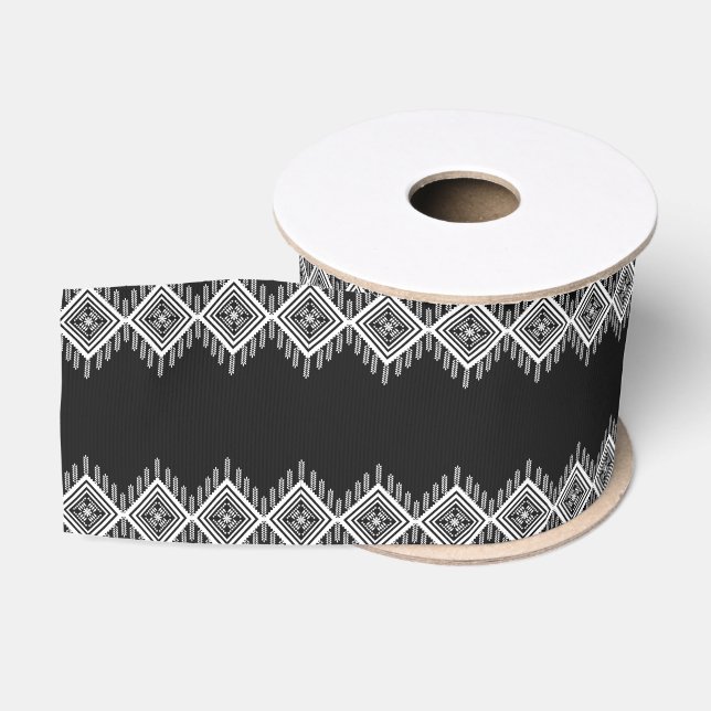 Ruban Gros-grain Art tribal noir et blanc (Bobine)