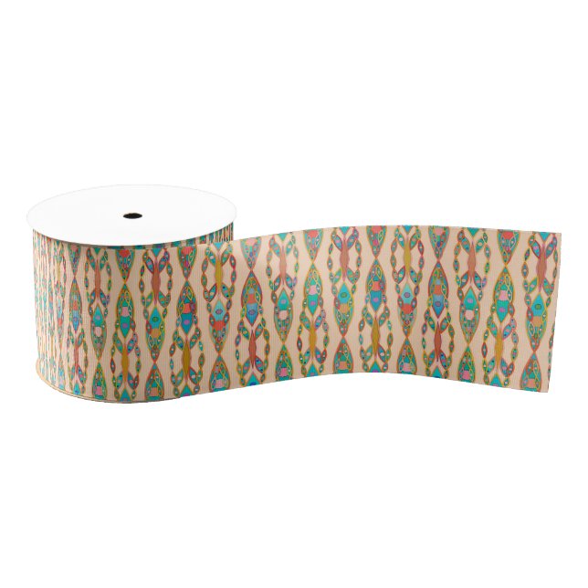 Ruban Gros-grain Batik Tribal - Peach rose et Turquoise (Bobine)