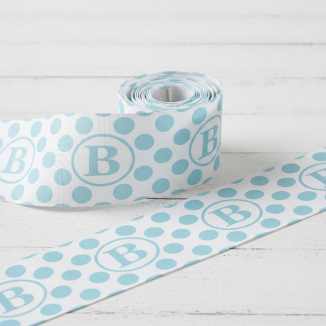 Ruban Gros-grain Bébé Bleu Pois Bébé (Baby Blue Polka Dot Pattern Ribbon for Boy Baby Shower or Kids Birthday. Pastel Blue Dots & Monogram)