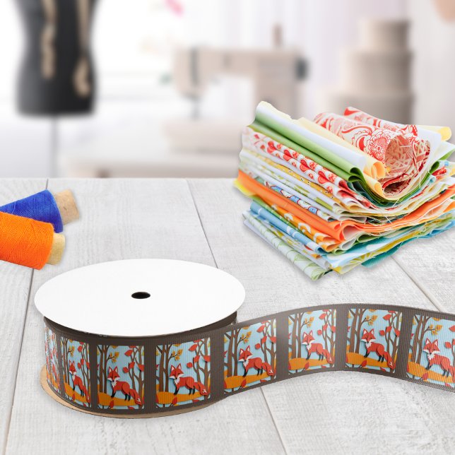 Ruban Gros-grain Belle Bois Renards Film Cadre Animal Photo (A reel of ribbon with elegant red fox design, in a repeat pattern with papercraft look)