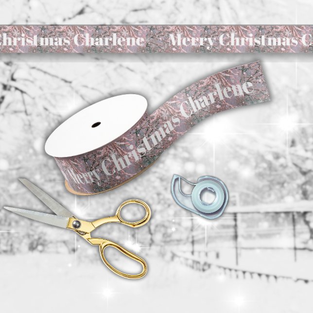 Ruban Gros-grain Bénédictions de Noël enneigées d'hiver rose (Créateur téléchargé)
