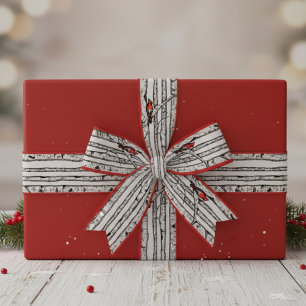 Ruban Gros-grain Birches rouges et gris et oiseaux cardinaux rouges