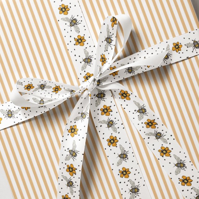 Ruban Gros-grain Blancs croustillants Abeilles et Fleurs Cosmos (Pretty Floral Insect Bee Ribbon. Hand Drawn Honeybees and Yellow Flowers with Black Polka Dots. )