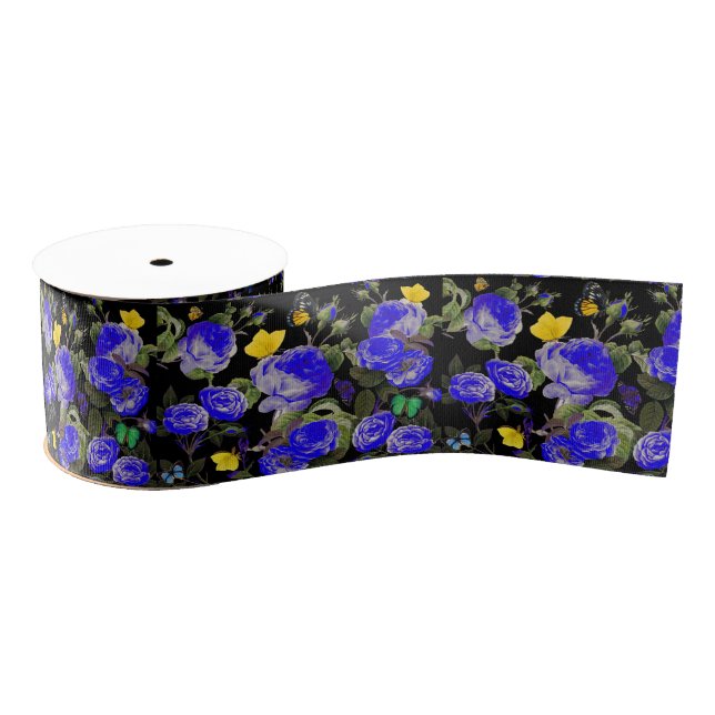 Ruban Gros-grain BLUE ROSES AND YELLOW BUTTERFLIES Black (Bobine)