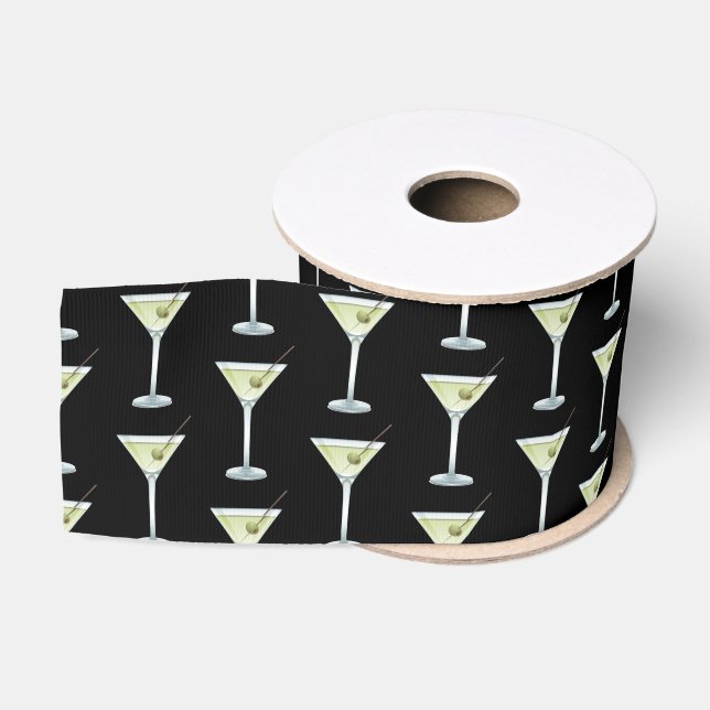 Ruban Gros-grain Boissons Martini sur fond noir (Bobine)