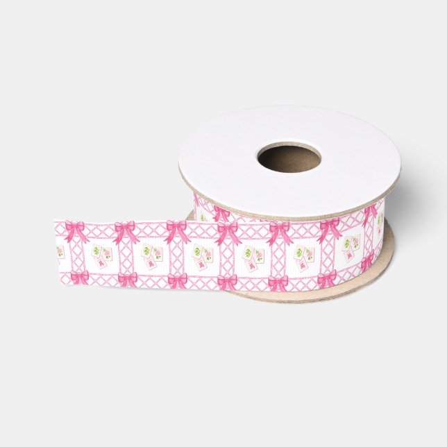 Ruban Gros-grain Bow Mahjong Rose & Vert à l'aquarelle (Bobine)