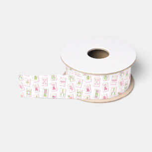Ruban Gros-grain Bowling Mahjong Rose & Vert à l'aquarelle