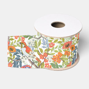 Ruban Gros-grain Branches de jardin avec fleurs Feuilles et oiseaux