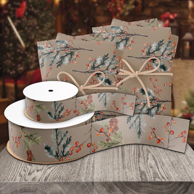 Ruban Gros-grain Brosse à épicéa d'hiver Kraft Rustique Cônes de pi (Rustic Kraft Winter Spruce Pine Cones Red Berries Grosgrain Wrapping Ribbon in 1 .5 & 3 inch widths )