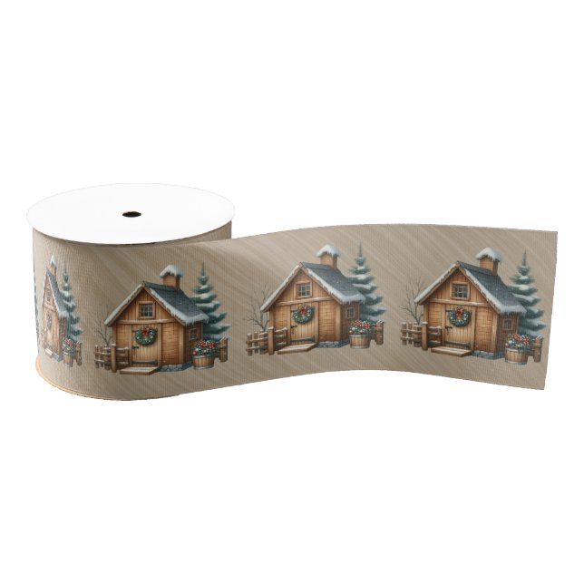 Ruban Gros-grain Brown Log House Christmas Scene (Bobine)