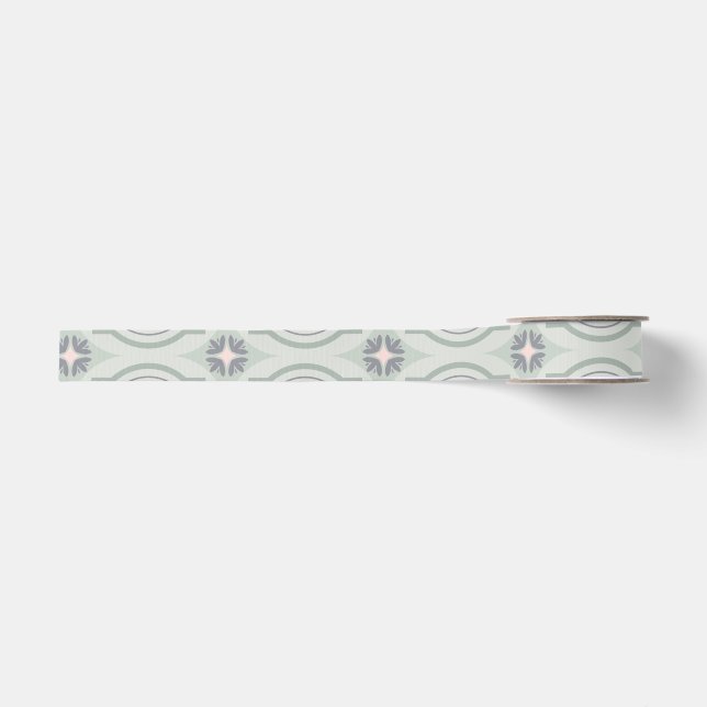 Ruban Gros-grain Carreaux Floraux Pastel Verts (Devant)
