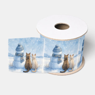 Ruban Gros-grain Chats assis avec un bonhomme de neige dans un cham