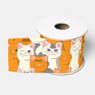 Ruban Gros-grain Chats blancs et gingembre motif yeux verts yeux bl