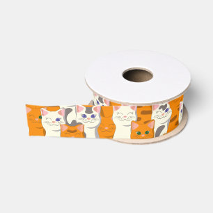 Ruban Gros-grain Chats blancs et gingembre motif yeux verts yeux bl