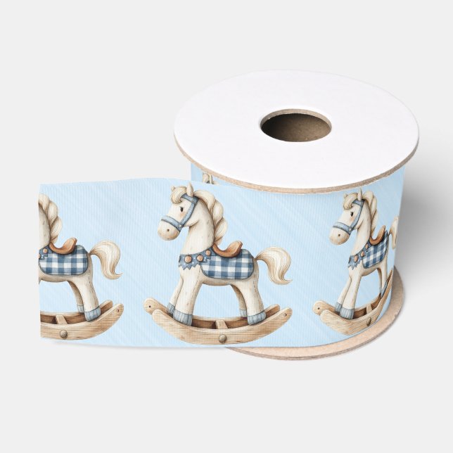 Ruban Gros-grain Cheval à bascule blanc Selle à carreaux bleus  (Bobine)