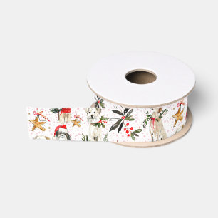 Ruban Gros-grain Chiens de Noël et motif de verdure
