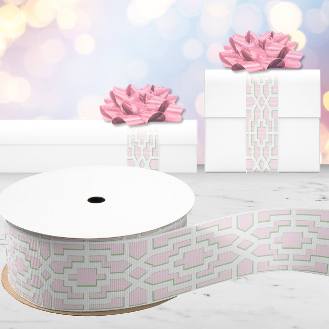 Ruban Gros-grain Chippendale Fret en rose et vert (Créateur téléchargé)