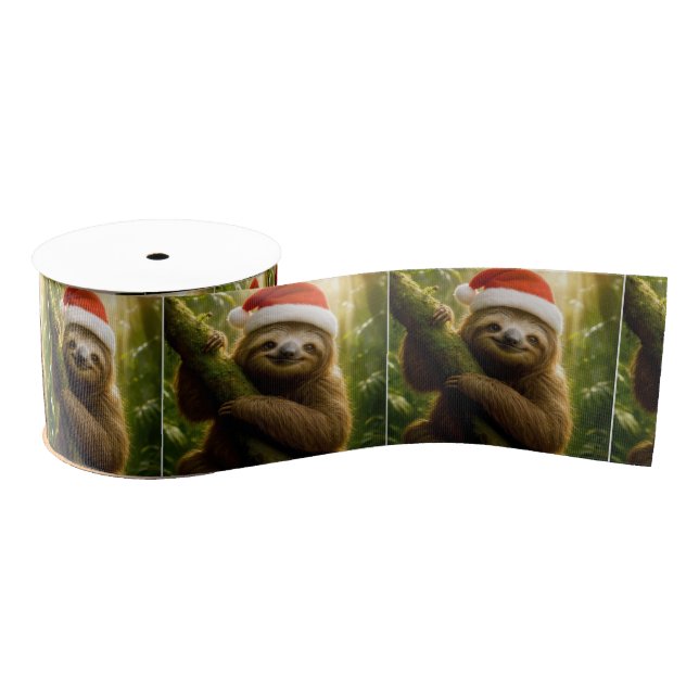 Ruban Gros-grain Christmas Sloth Wearing a Santa Hat (Bobine)
