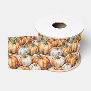 Ruban Gros-grain Citrouilles blanches et oranges, récolte d'automne