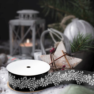 Ruban Gros-grain Clair Vintage Floral Élégant noir blanc gris