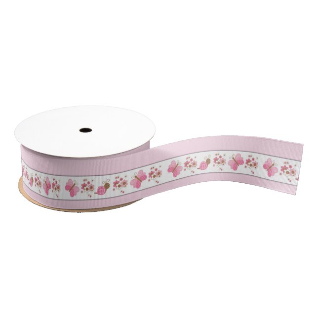 Ruban Gros-grain Coccinelles roses avec le ruban rose de papillons (Bobine)