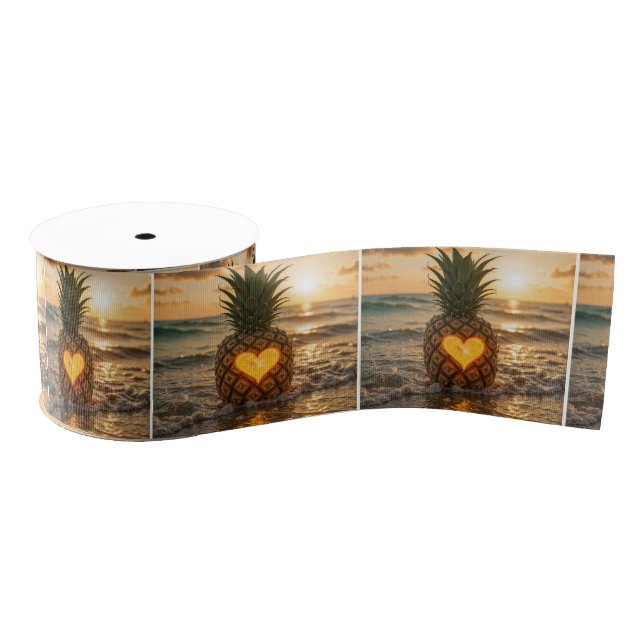 Ruban Gros-grain Cœur sculpté dans un ananas sur une plage (Bobine)