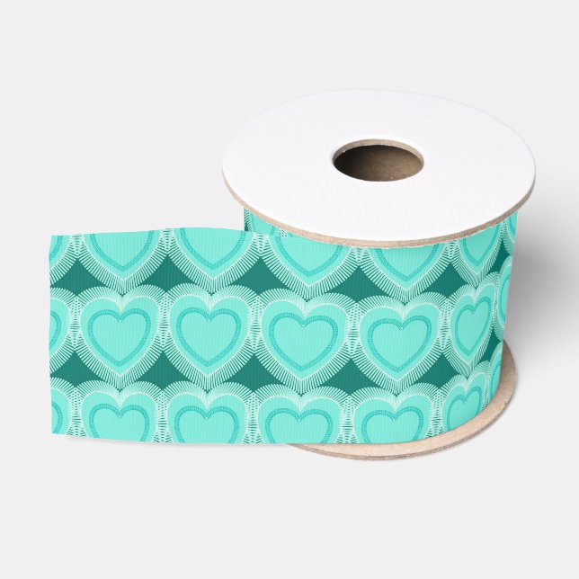 Ruban Gros-grain Coeurs Abstraits modernes - Aqua et Turquoise (Bobine)