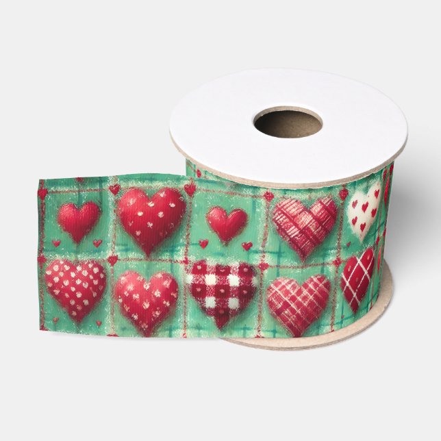 Ruban Gros-grain Cœurs piqués de Noël Vert Rouge Blanc  (Bobine)