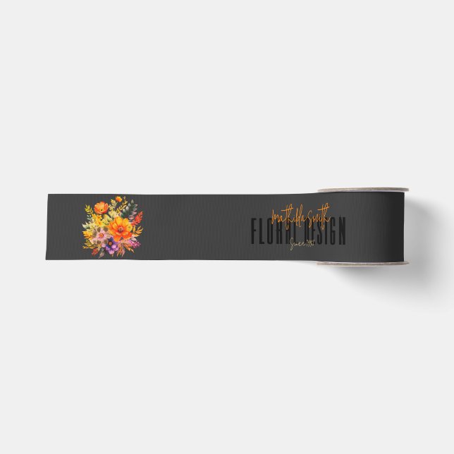 Ruban Gros-grain Conception Florale Sophistiquée Fleurs Noir Orange (Devant)