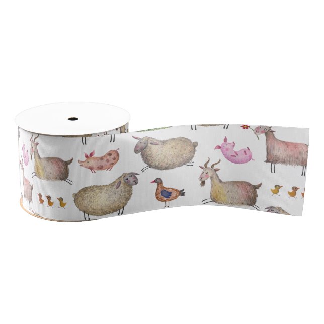 Ruban Gros-grain Cute Aquarelle ferme Grange Animaux Motif (Bobine)