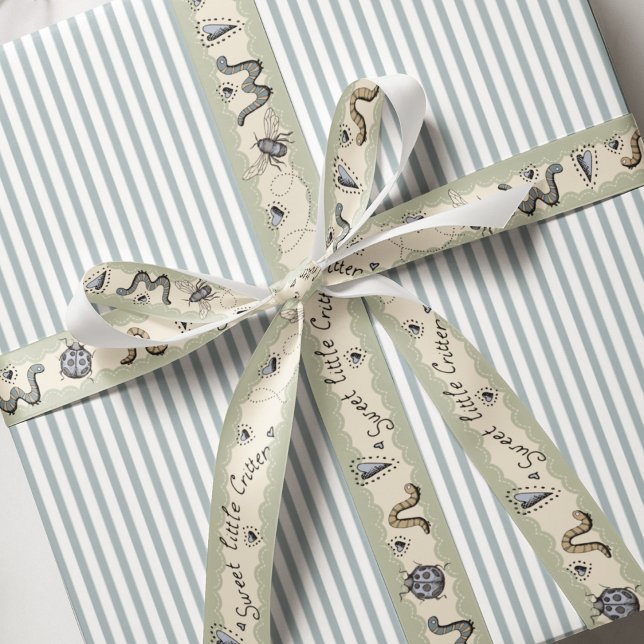 Ruban Gros-grain Cute Insect Boho Pastels Blue Sage Cream Baby Boy (Baby Shower Insect BugsRibbon in Sage Green, Cream, and French Blue. Blue Hearts and Cute Insects.)