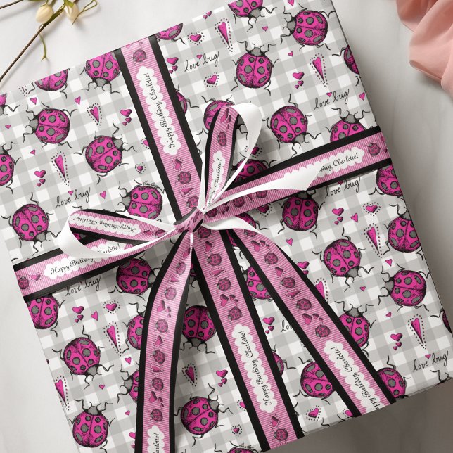 Ruban Gros-grain Cute n'Trendy 1,5in Hot rose Ladybugs Coeurs rose (Cute n' Trendy Hot Pink & Black Ladybug Personalized Ribbon. Available in 1.5 inches and 3 inches.)