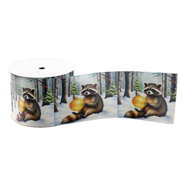 Ruban Gros-grain Cute Winter Raccoon with Gold Ornament Christmas (Bobine)