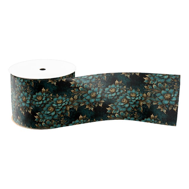 Ruban Gros-grain Dark Teal and Antique Gold Luxury Floral (Bobine)