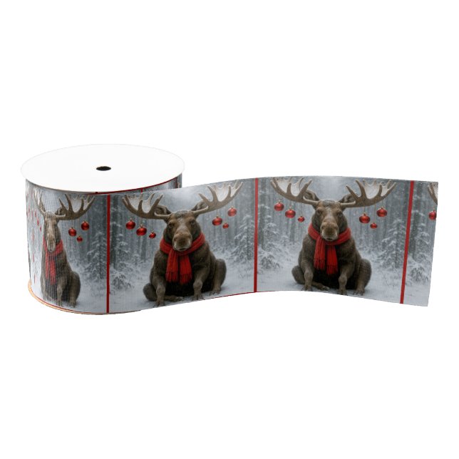 Ruban Gros-grain Élan de Noël dans une forêt enneigée (Bobine)