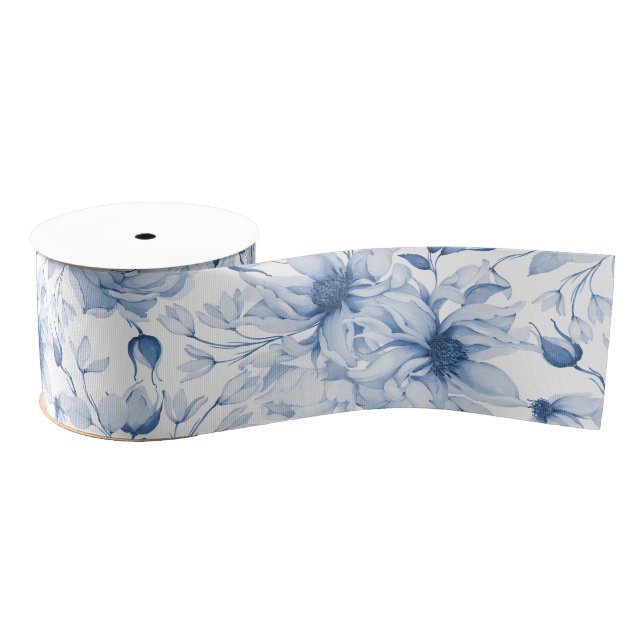 Ruban Gros-grain Élégant Bleu Floral Peony Grosgrain Ribbon (Bobine)