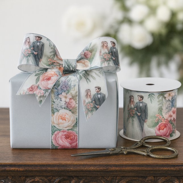 Ruban Gros-grain Elégant Mariage aquarelle Floral (Romantic bride-and-groom ribbon with watercolor florals perfect for elegant wedding gifts.)