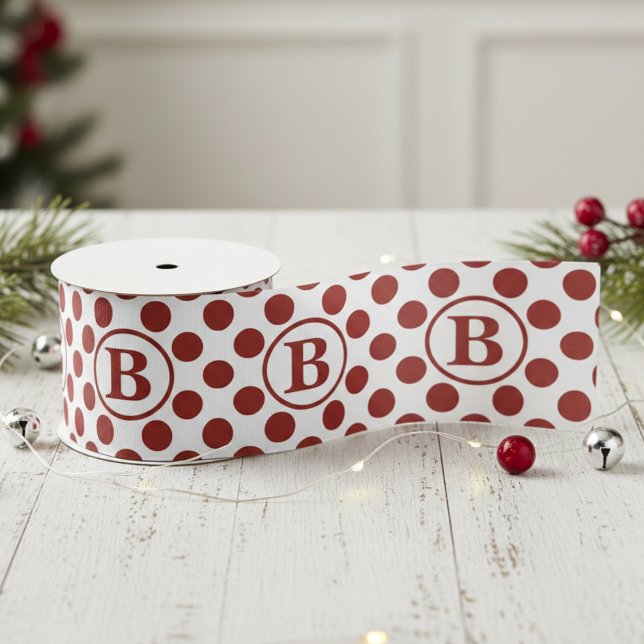 Ruban Gros-grain Elegant Red Polka Dot Monogram (Large Red Polka Dots Monogram Ribbon for Christmas Gift Wrap. Modern Preppy Red and White Pattern)