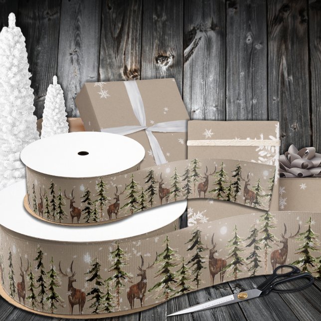 Ruban Gros-grain Élégant renne d'épinette de bois d'hiver Kraft 3 p (Rustic Kraft Winter Woodland Forest Reindeer Grosgrain Ribbon In 1.5 & 3 Inch Widths)