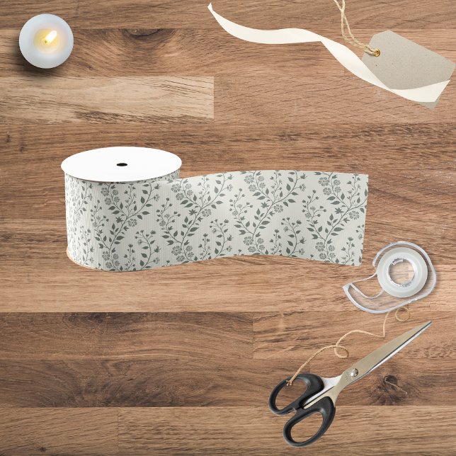 Ruban Gros-grain Elegant Sage Cream Minimalist Boho Floral Pattern (Créateur téléchargé)