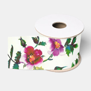 Ruban Gros-grain Elégante aquarelle moderne fleur sauvage rose fonc