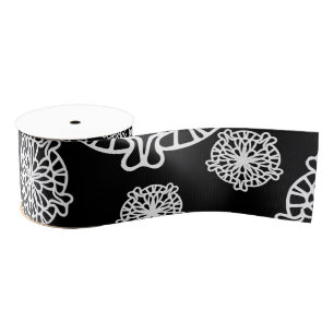 Ruban Gros-grain Elégante Fleurs Mandala Noir & Blanc