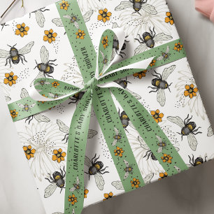 Ruban Gros-grain Fête de Bébé Merci Abeilles Bourdonnantes Vert Sau