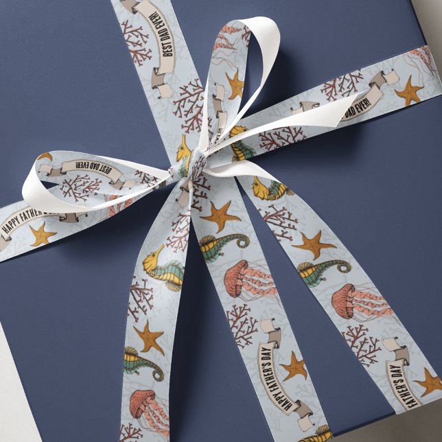 Ruban Gros-grain Fête des pères marine de 1,5 po Personnalisée bleu (Ocean Theme Illustrations in Black Ink. Seahorse, Jellyfish, Starfish & Coral.
Custom 2 Messages!)