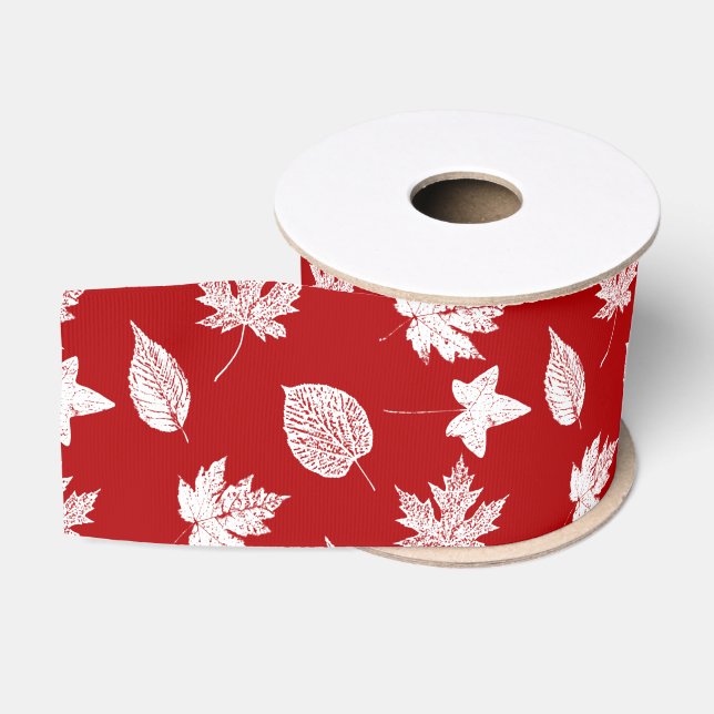 Ruban Gros-grain Feuilles d'automne - blanc et rouge foncé (Bobine)