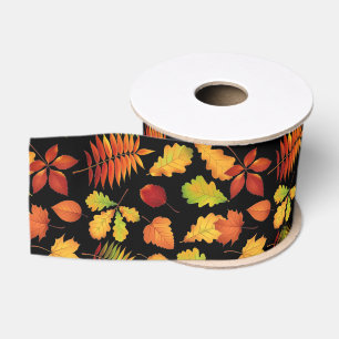 Ruban Gros-grain Feuilles d'automne colorées sur fond noir 3 pouces