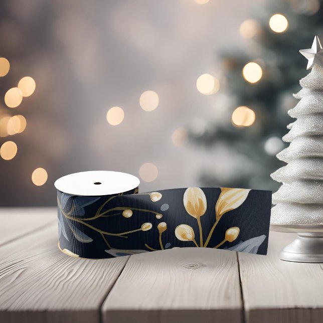 Ruban Gros-grain Feuilles de Noël bleu et or (Blue and Gold Leaf Christmas Ribbon)