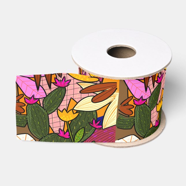 Ruban Gros-grain Feuilles et fleurs tropicales abstraites   (Bobine)