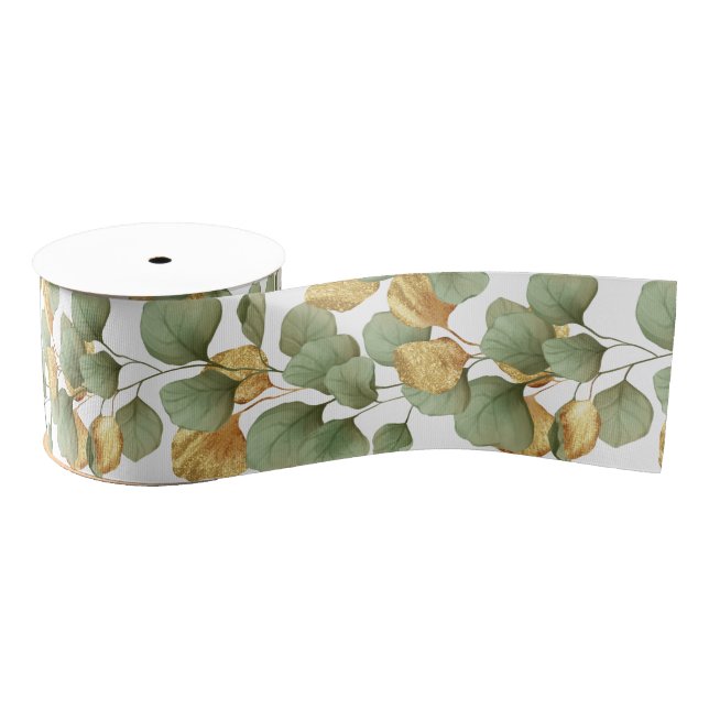 Ruban Gros-grain Feuilles verts et or.  Motif (Bobine)